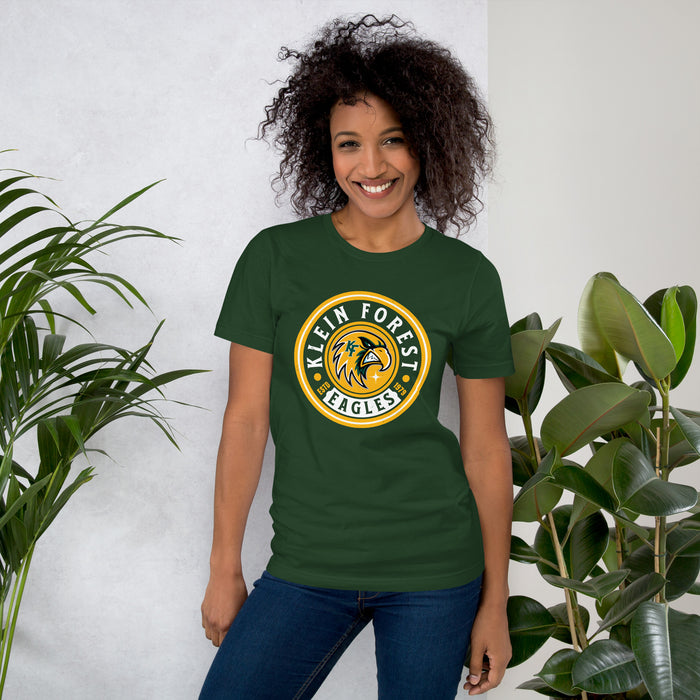 Woman wearing Klein Forest High School Golden Eagles Premium Forest Green Unisex T-shirt 220