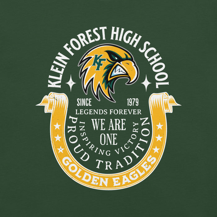 Close-up view of Klein Forest High School Golden Eagles Premium Forest Green Unisex T-shirt 229