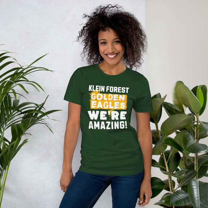 Woman wearing Klein Forest High School Golden Eagles Premium Forest Green Unisex T-shirt 231