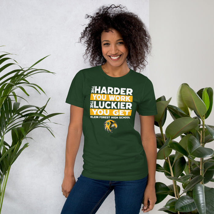 Woman wearing Klein Forest High School Golden Eagles Premium Forest Green Unisex T-shirt 238