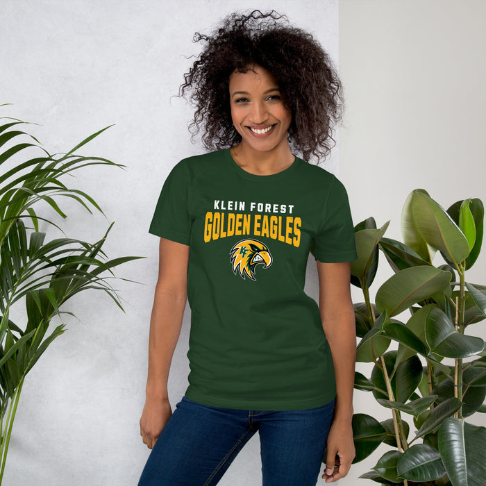 Woman wearing Klein Forest High School Golden Eagles Premium Forest Green Unisex T-shirt 234