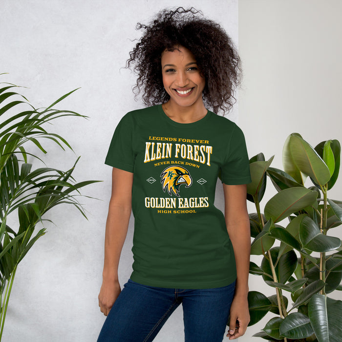 Woman wearing Klein Forest High School Golden Eagles Premium Forest Green Unisex T-shirt 230