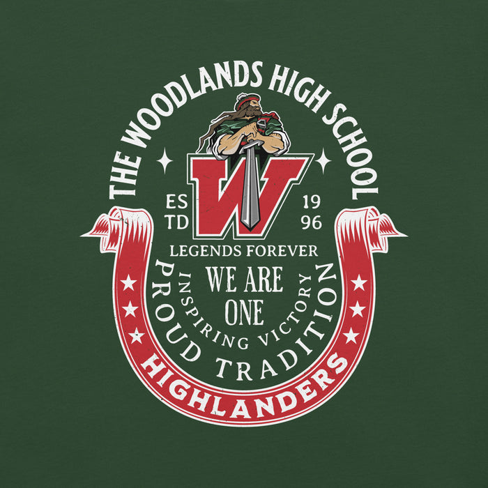 Close-up view of The Woodlands High School Highlanders Forest Green Premium Unisex T-shirt 229