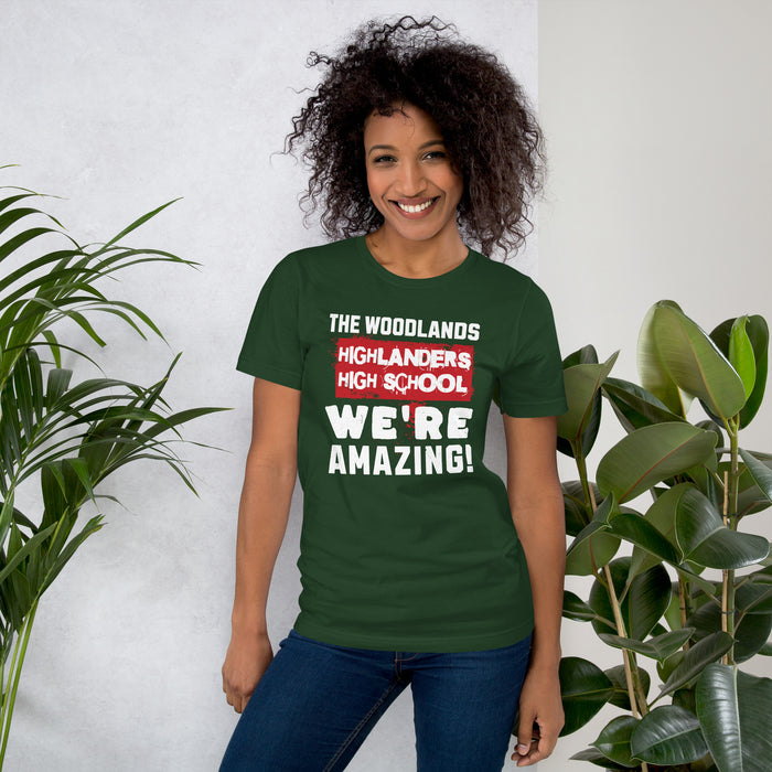 Woman wearing The Woodlands High School Highlanders Forest Green Premium Unisex T-shirt 231
