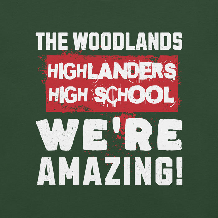 Close-up view of The Woodlands High School Highlanders Forest Green Premium Unisex T-shirt 231
