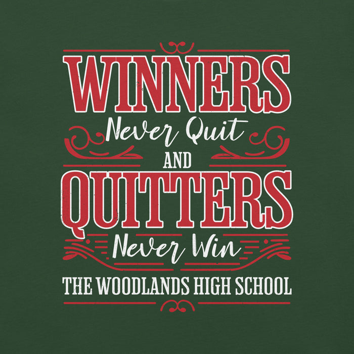 Close-up view of The Woodlands High School Highlanders Forest Green Premium Unisex T-shirt 237