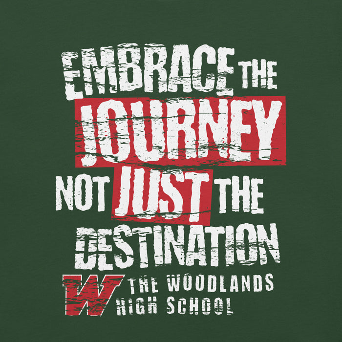 Close-up view of The Woodlands High School Highlanders Forest Green Premium Unisex T-shirt 232