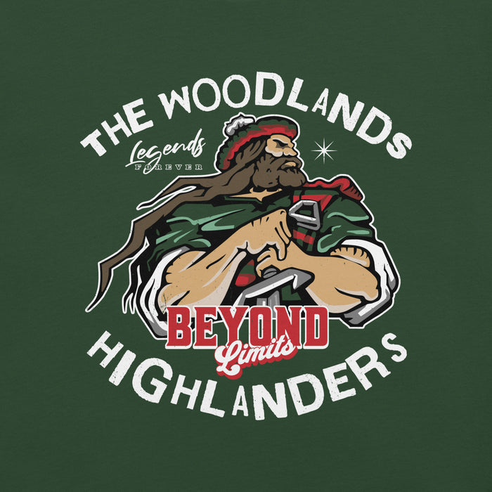 Close-up view of The Woodlands High School Highlanders Forest Green Premium Unisex T-shirt 228