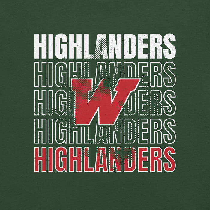 Close-up view of The Woodlands High School Highlanders Forest Green Premium Unisex T-shirt 233