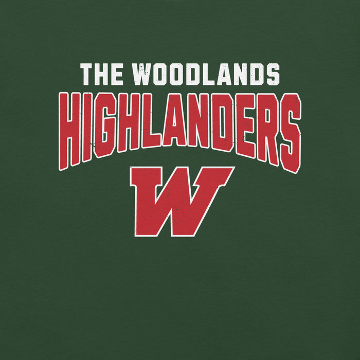 Close-up view of The Woodlands High School Highlanders Forest Green Premium Unisex T-shirt 234