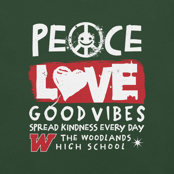 Close-up view of The Woodlands High School Highlanders Forest Green Premium Unisex T-shirt 240