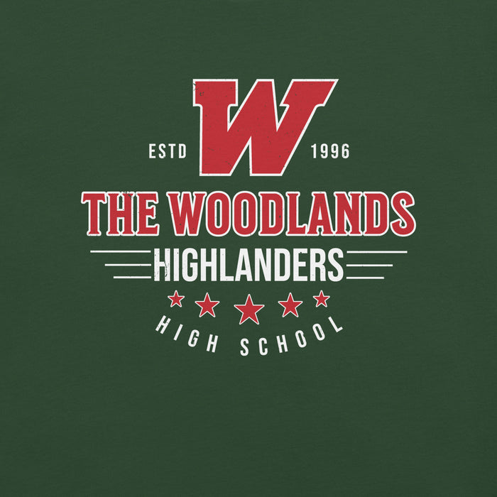 Close-up view of The Woodlands High School Highlanders Forest Green Premium Unisex T-shirt 217