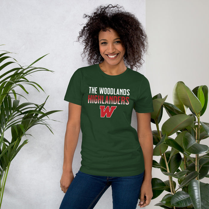 Woman wearing The Woodlands High School Highlanders Forest Green Premium Unisex T-shirt 024