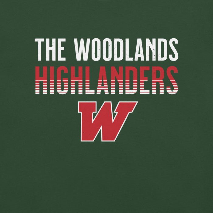 Close-up view of The Woodlands High School Highlanders Forest Green Premium Unisex T-shirt 024