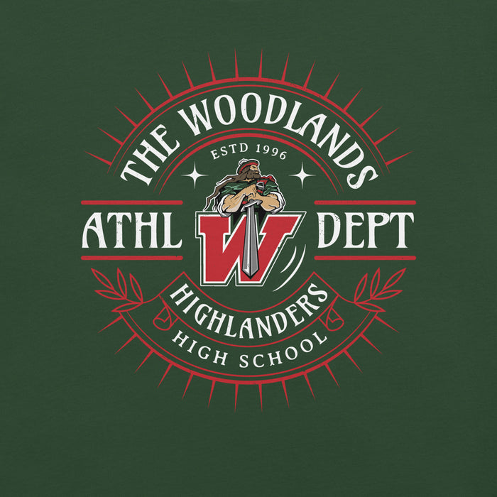 Close-up view of The Woodlands High School Highlanders Forest Green Premium Unisex T-shirt 201