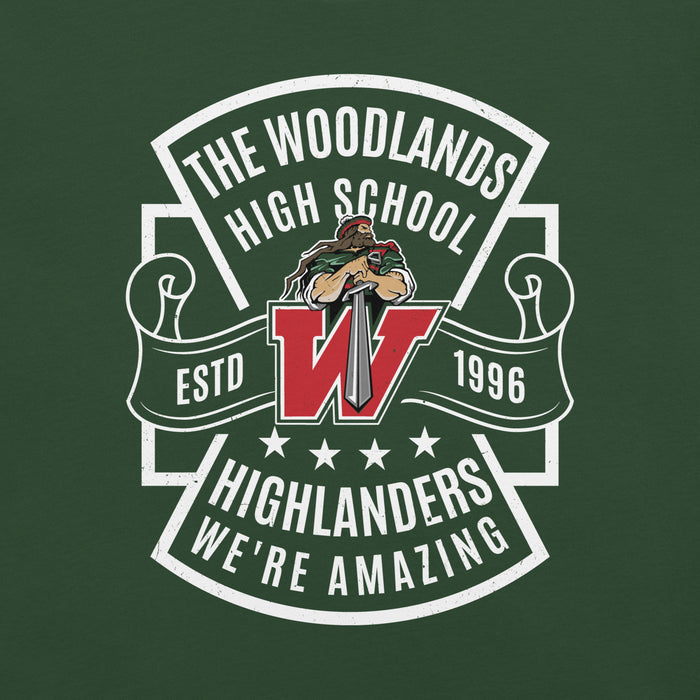 Close-up view of The Woodlands High School Highlanders Forest Green Premium Unisex T-shirt 207
