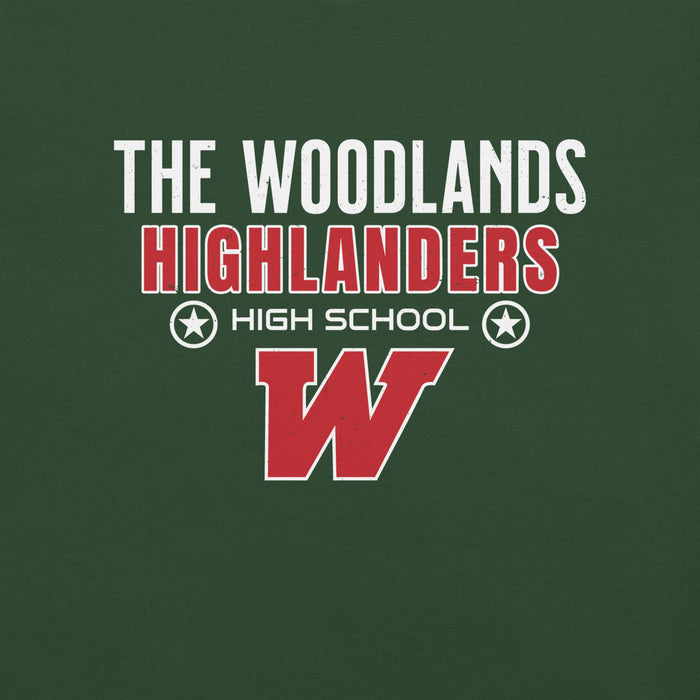 Close-up view of The Woodlands High School Highlanders Forest Green Premium Unisex T-shirt 003