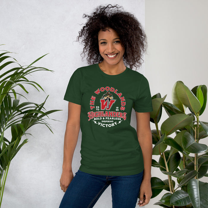 Woman wearing The Woodlands High School Highlanders Forest Green Premium Unisex T-shirt 206