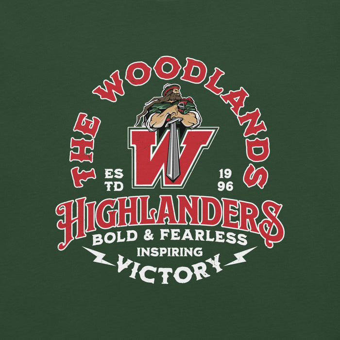 Close-up view of The Woodlands High School Highlanders Forest Green Premium Unisex T-shirt 206