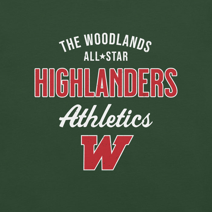 Close-up view of The Woodlands High School Highlanders Forest Green Premium Unisex T-shirt 034