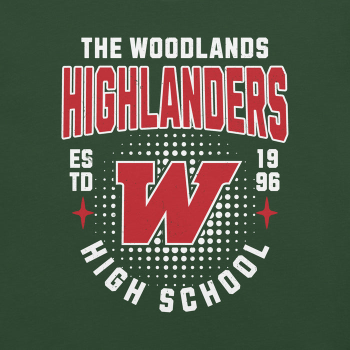 Close-up view of The Woodlands High School Highlanders Forest Green Premium Unisex T-shirt 204