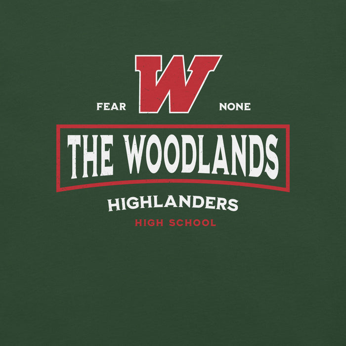 Close-up view of The Woodlands High School Highlanders Forest Green Premium Unisex T-shirt 202