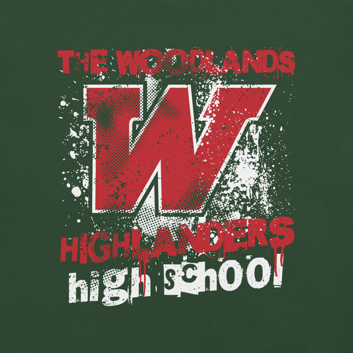 Close-up view of The Woodlands High School Highlanders Forest Green Premium Unisex T-shirt 205