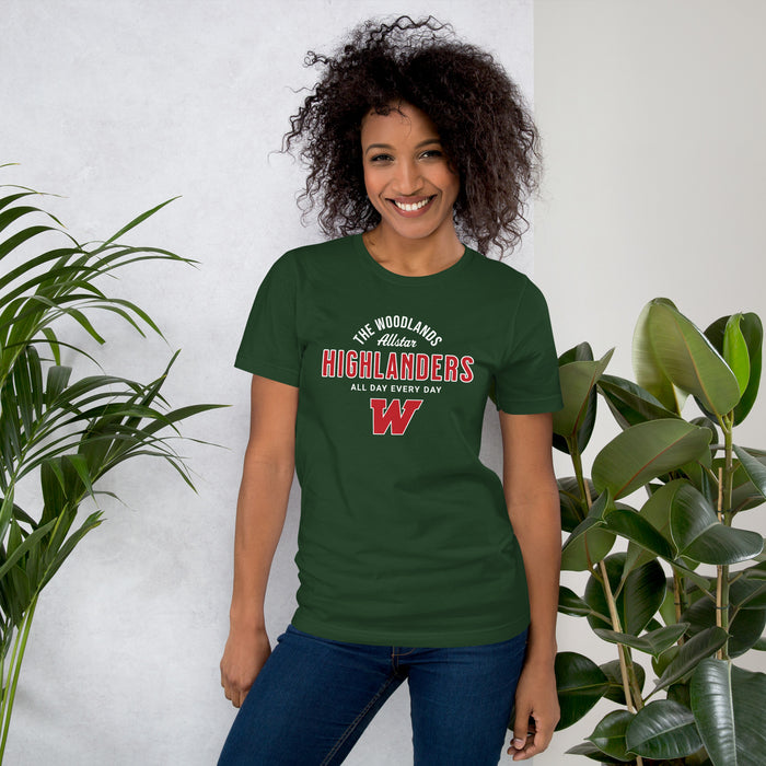 Woman wearing The Woodlands High School Highlanders Forest Green Premium Unisex T-shirt 040
