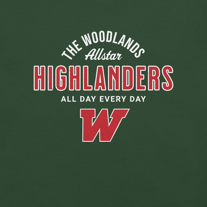 Close-up view of The Woodlands High School Highlanders Forest Green Premium Unisex T-shirt 040