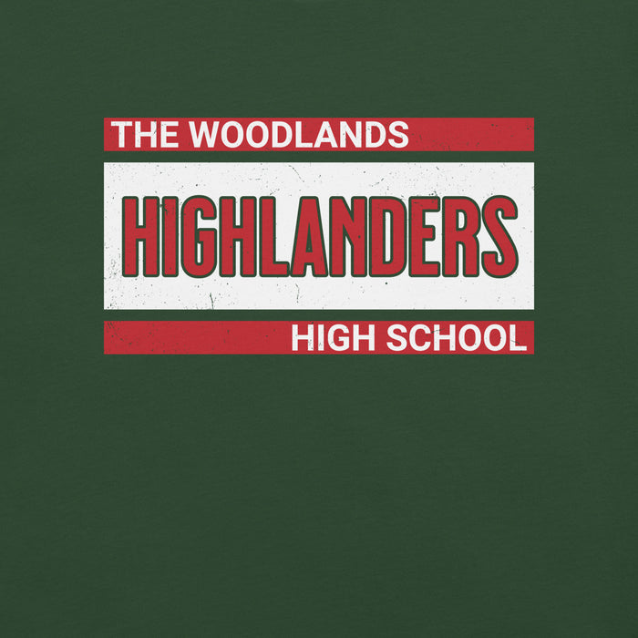 Close-up view of The Woodlands High School Highlanders Forest Green Premium Unisex T-shirt 098