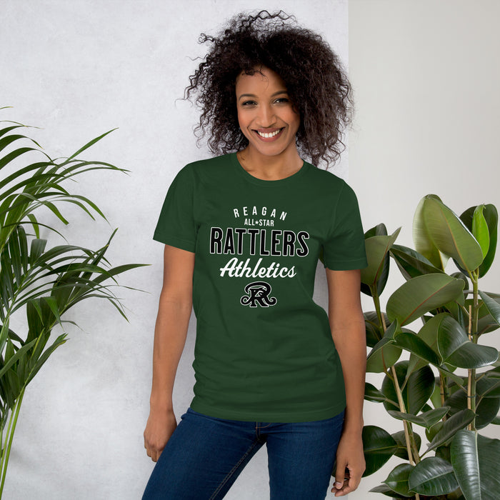 Woman wearing Reagan High School Rattlers Forest Green Premium Unisex T-shirt 034