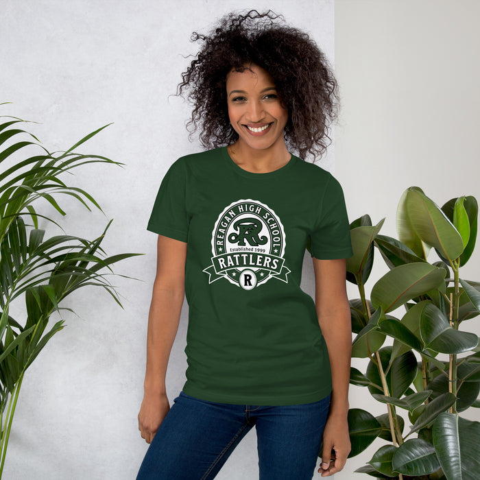 Woman wearing Reagan High School Rattlers Forest Green Premium Unisex T-shirt 212
