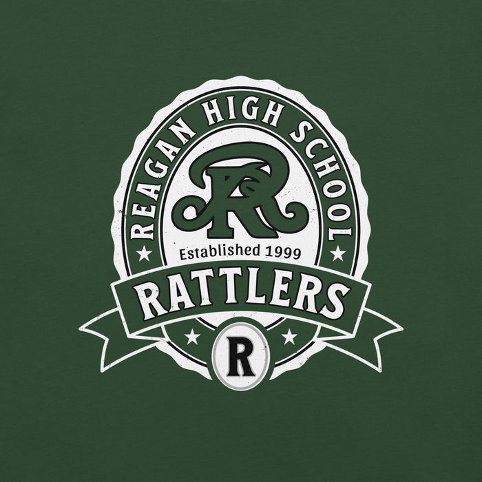 Reagan High School Rattlers logo on a green background - premium t-shirt design 212