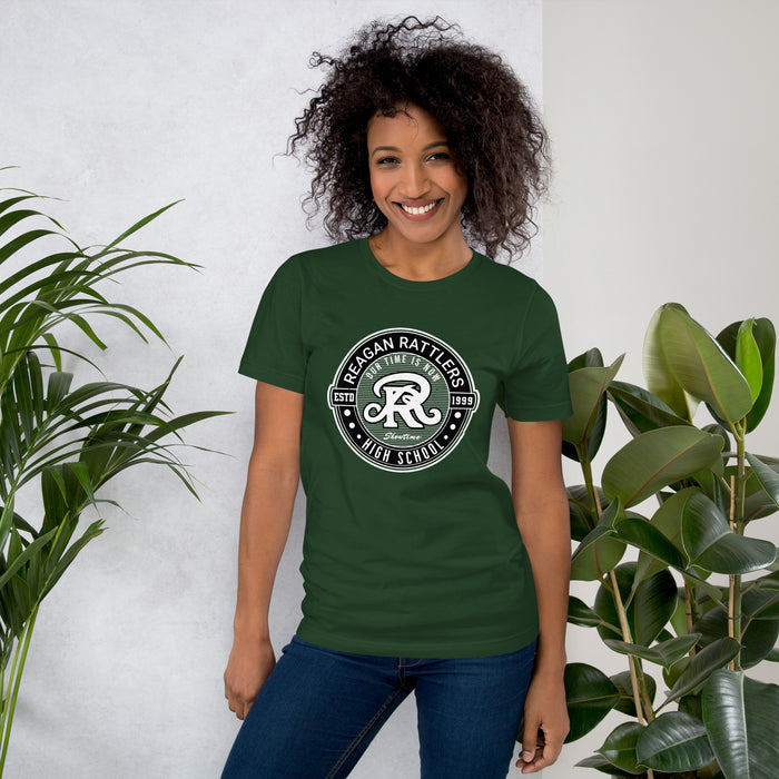 Woman wearing Reagan High School Rattlers Forest Green Premium Unisex T-shirt 224
