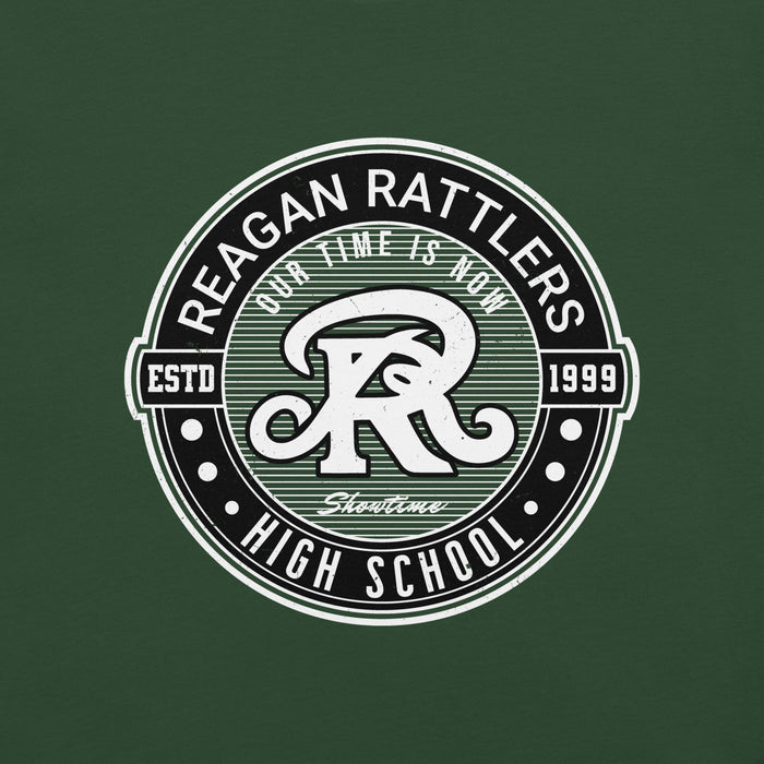 Circular logo with 'Reagan Rattlers' text and design on a green background - premium t-shirt design 224