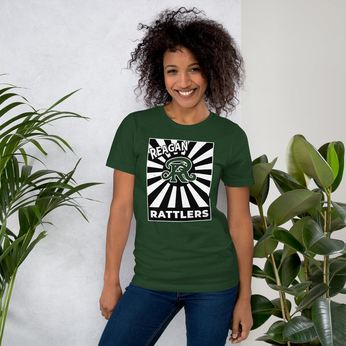 Woman wearing Reagan High School Rattlers Forest Green Premium Unisex T-shirt 226
