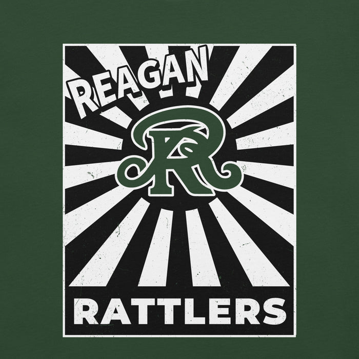 Reagan Rattlers logo with a green 'R' on a black and white striped background - premium t-shirt design 226