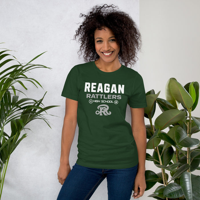 Woman wearing Reagan High School Rattlers Forest Green Premium Unisex T-shirt 003
