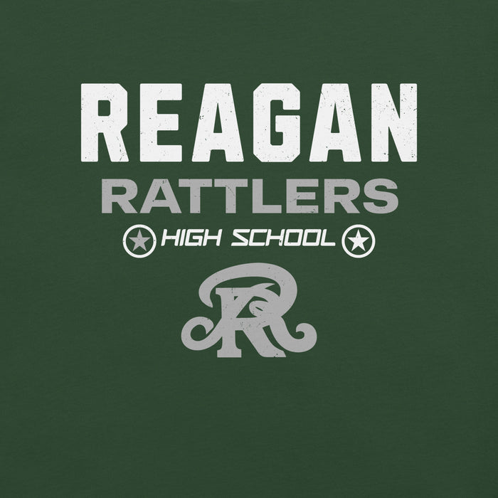 Green t-shirt with 'Reagan Rattlers High School' text and logo on a green background - premium t-shirt design 003