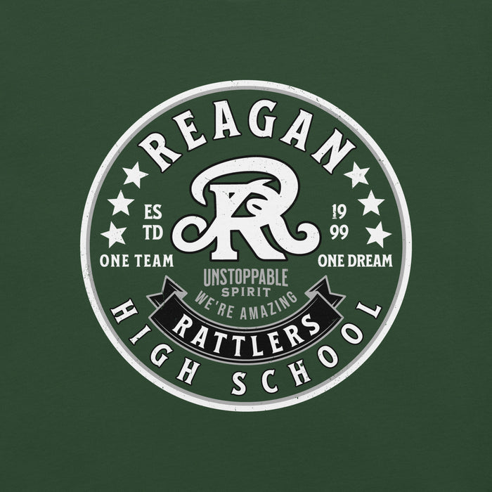 Circular logo with 'Reagan High School Rattlers' text on a green background - premium t-shirt design 215