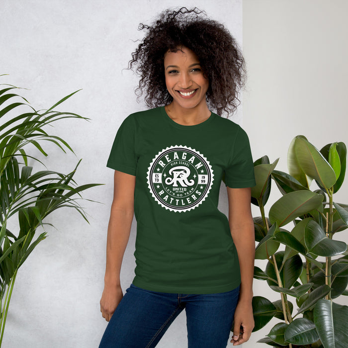 Woman wearing Reagan High School Rattlers Forest Green Premium Unisex T-shirt 203