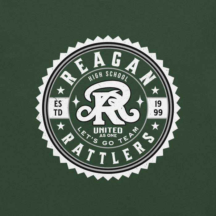 Close-up view of Reagan High School Rattlers Forest Green Premium Unisex T-shirt 203