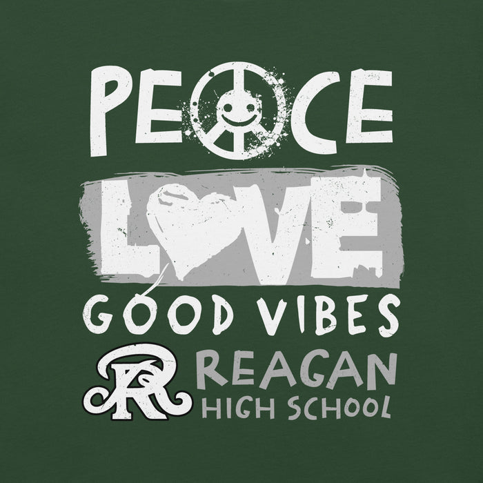 Green t-shirt with white text 'PEACE LOVE GOOD VIBES REAGAN HIGH SCHOOL' on a green background - premium t-shirt design 240