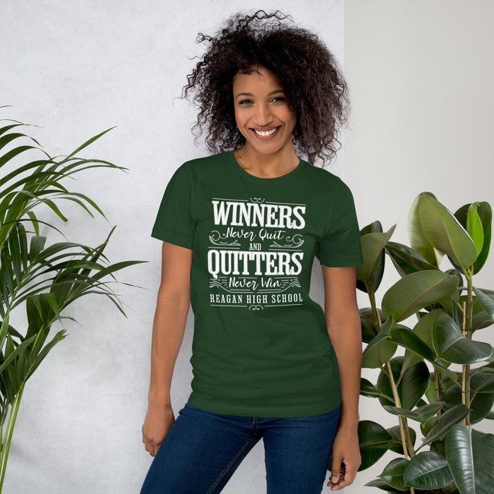 Woman wearing Reagan High School Rattlers Forest Green Premium Unisex T-shirt 237