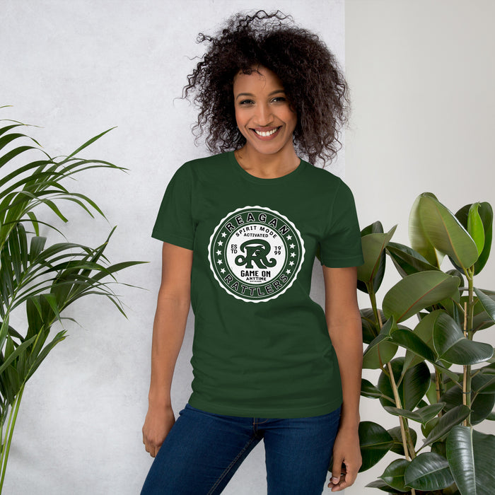 Woman wearing Reagan High School Rattlers Forest Green Premium Unisex T-shirt 216