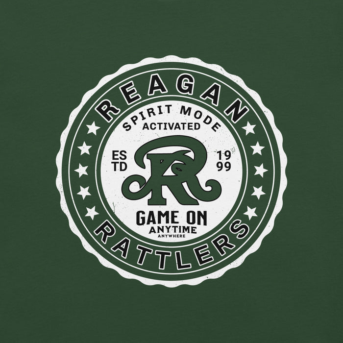 Circular logo with text and a stylized letter 'R' on a green background - Reagan High School classic t-shirt design 216