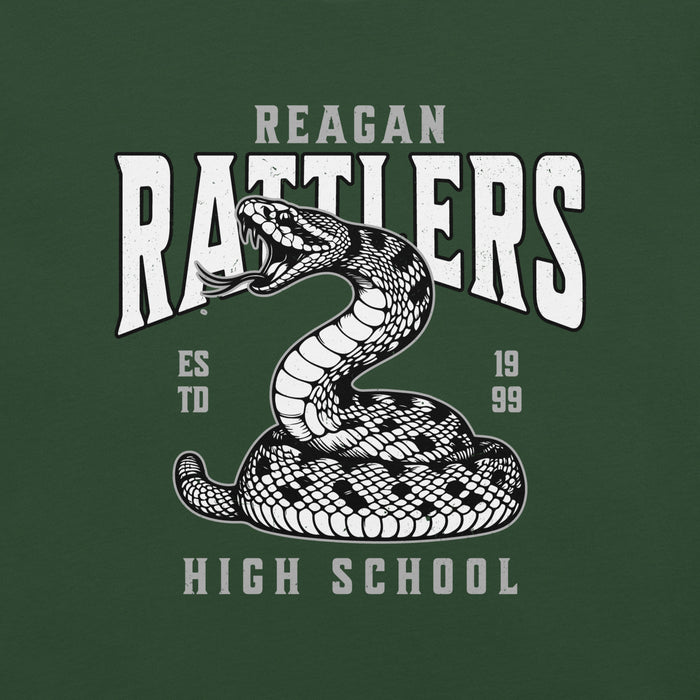 Green t-shirt with a snake graphic and text 'Reagan Rattlers High School' on a green background - premium t-shirt design 213