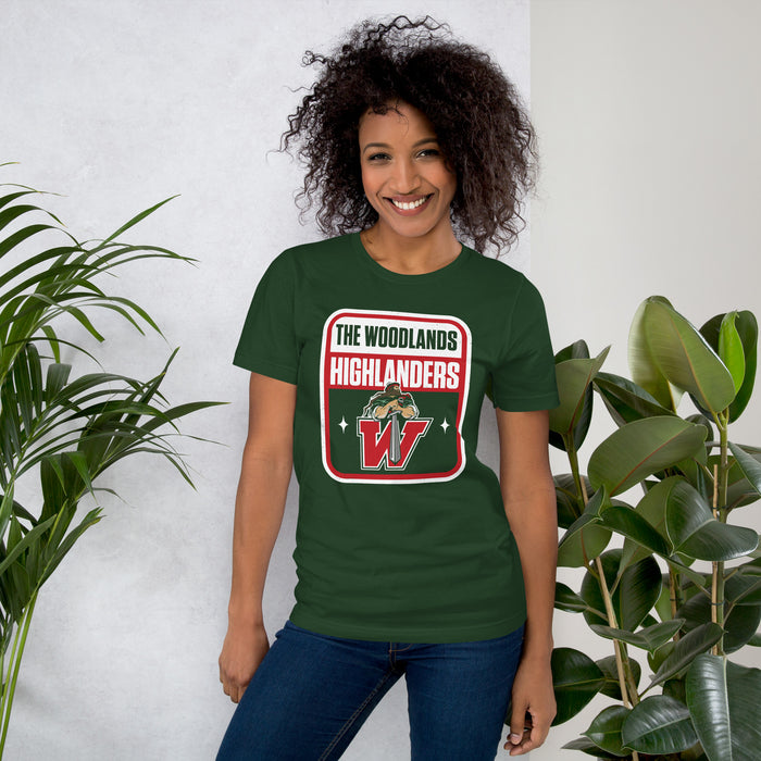 Woman wearing The Woodlands High School Highlanders Forest Green Premium Unisex T-shirt 001