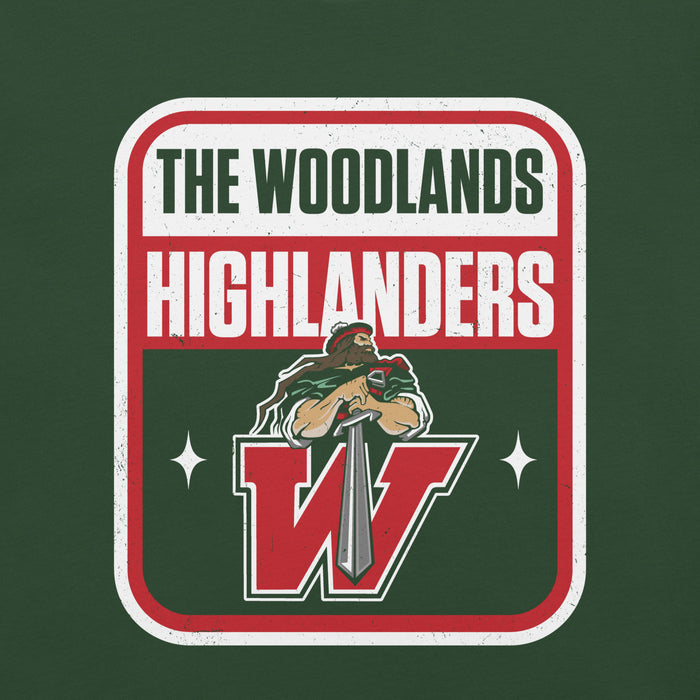 Close-up view of The Woodlands High School Highlanders Forest Green Premium Unisex T-shirt 001
