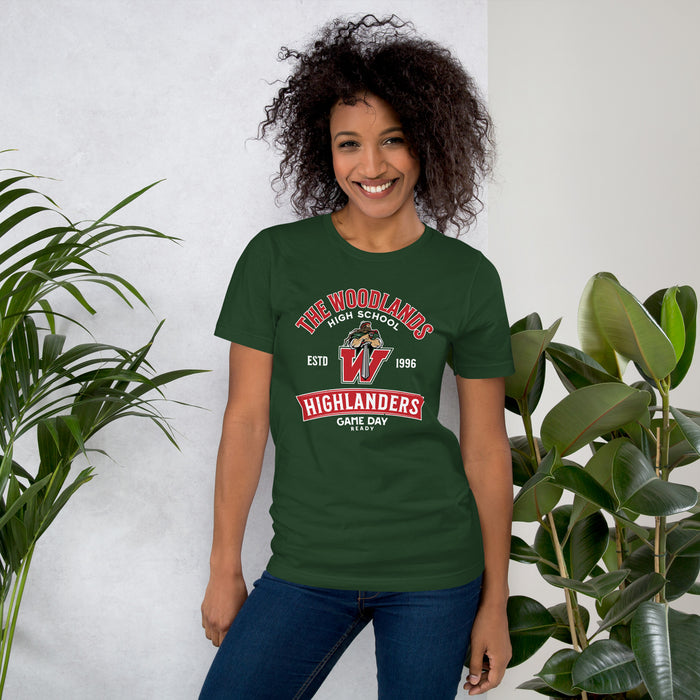 Woman wearing The Woodlands High School Highlanders Forest Green Premium Unisex T-shirt 221
